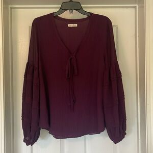 Jane and Delancey - burgundy v neck with bow -  tiered long sleeve - size L